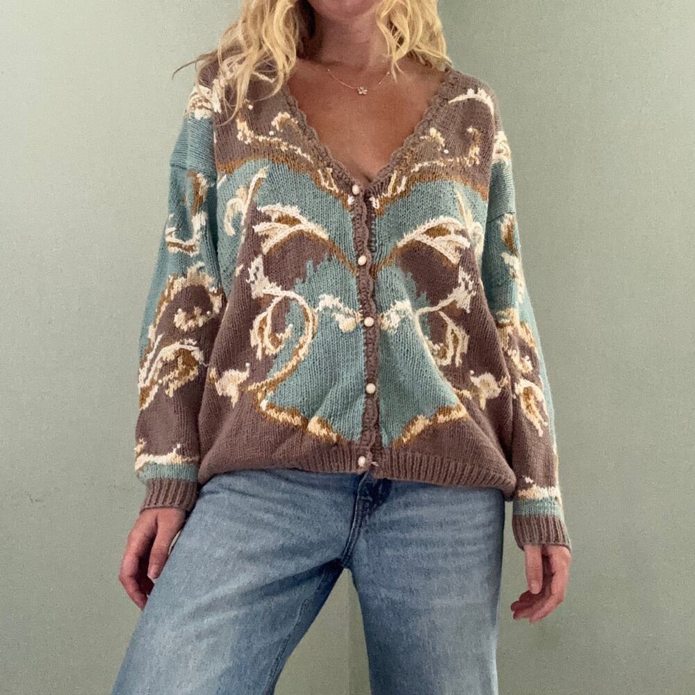 Vintage 80s 90s Cullinane Hand Knitted Pearl Cardigan Size Large Grandmacore